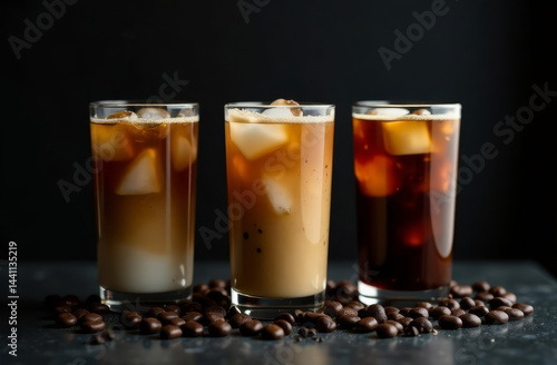 Obraz na płótnie Three types of iced coffee drink on a dark background, many coffee beans lie nearby w salonie