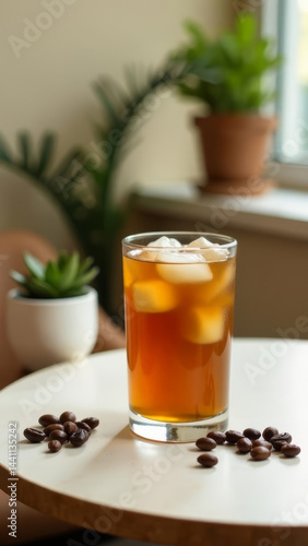 close up A chic cafe setting featuring a glass of iced coffee on a minimalist table, surrounded by subtle decorative elements like coffee beans and a small plant, vertical