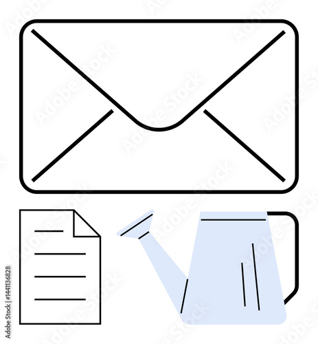 Envelope, paper, and watering can visualize communication, idea growth, and nurturing creativity. Ideal for email, messaging, education, productivity collaboration sustainability and innovation
