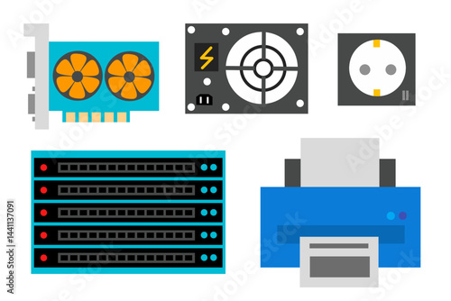 Set of Computer Part like Power Supply, Electric Socket, Printer, VGA or GPU, Switch Hub Rack