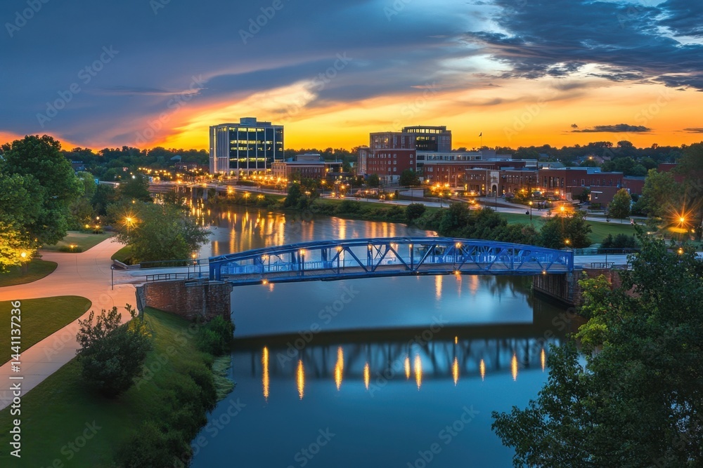 Obraz premium vibrant skyline of Kentucky's capital city, Frankfort, is captured in a photo of the cityscape with its iconic blue bridge at dusk, reflecting in the river and surrounded by skyscrapers Generative AI