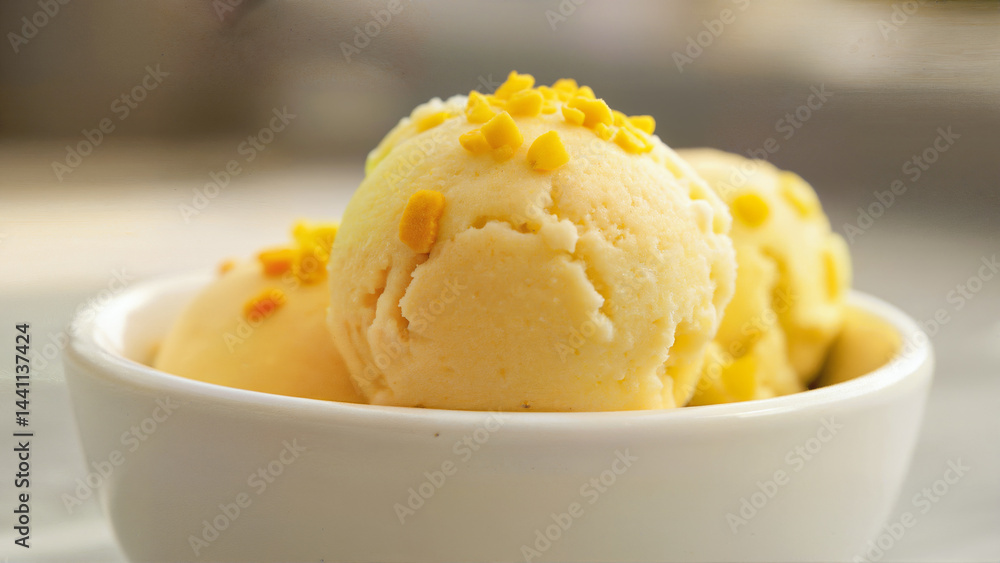 Close-up of yellow vanilla ice cream balls with oranges sprinkles in a white bowl, isolated on a light blurred background. For dessert menus, food blogs or summer treat promotions and advertising Close-up of yellow vanilla ice cream balls with oranges sprinkles in a white bowl, isolated on a light blurred background. For dessert menus, food blogs or summer treat promotions and advertising