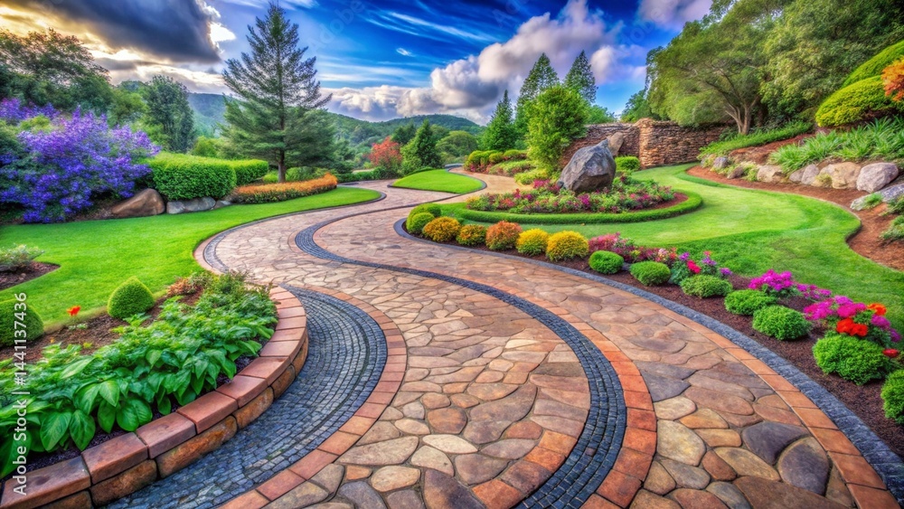 A winding stone spiral path weaves through a vibrant, lush green garden, inviting peaceful strolls A winding stone spiral path weaves through a vibrant, lush green garden, inviting peaceful strolls