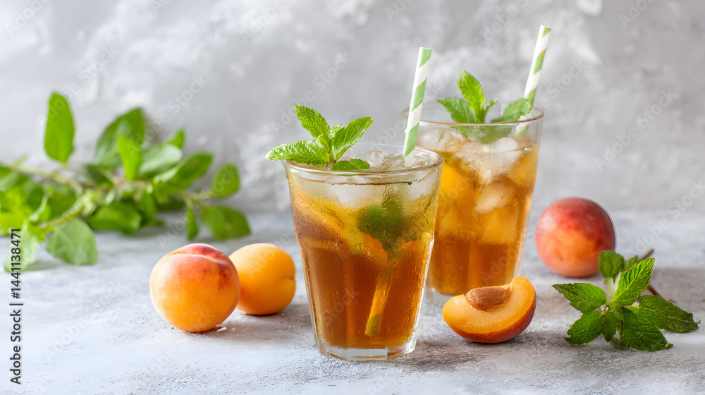 Fototapeta premium Refreshing summer drinks with apricots and mint served on a sunny afternoon