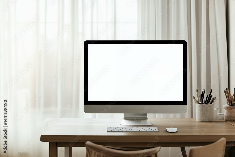 Fototapeta premium Isolated computer monitor with a blank white screen on a wooden desk, perfect for showcasing digital designs or presentations. Ideal for mockup, workspace, or technology-related projects in a