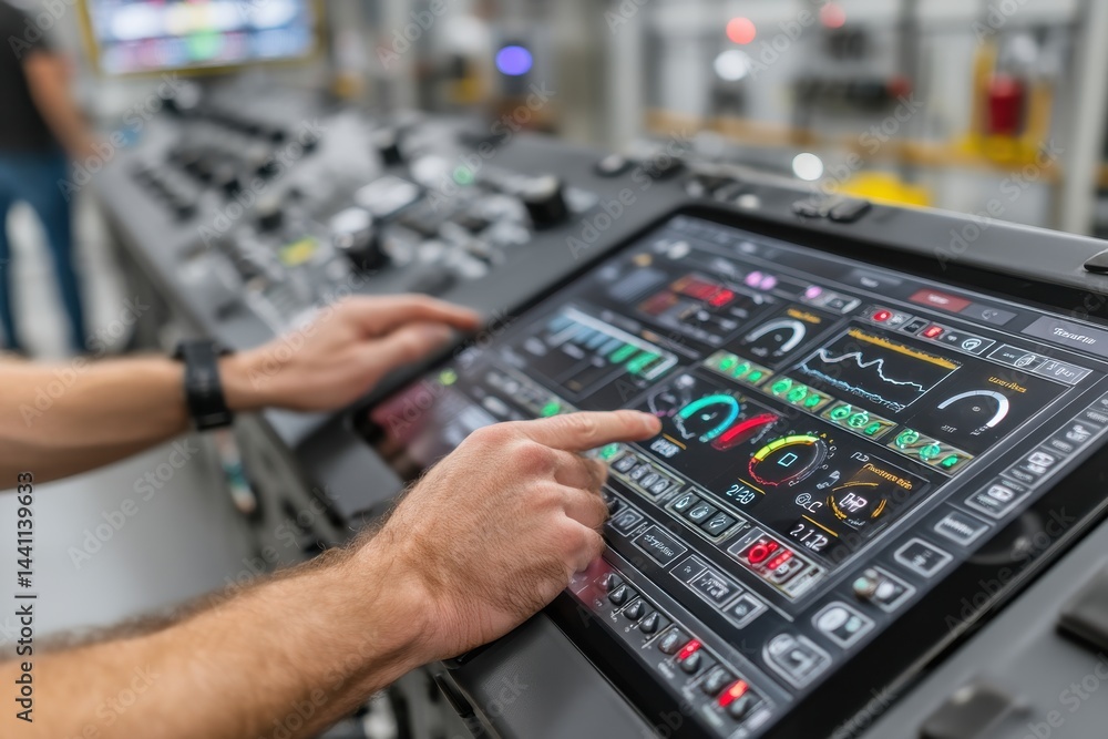 Close-up of male hands interacting with a sophisticated control panel, featuring a touch screen interface, buttons, and multiple indicators displaying real-time data. Close-up of male hands interacting with a sophisticated control panel, featuring a touch screen interface, buttons, and multiple indicators displaying real-time data.