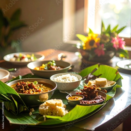 Realistic Image of Traditional Parsi Meal on Banana Leaf Table Setup for Navroz Poster