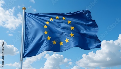European elections 2024 concept illustration - Flag of europe, european waving flag with blue sky and sunshine 