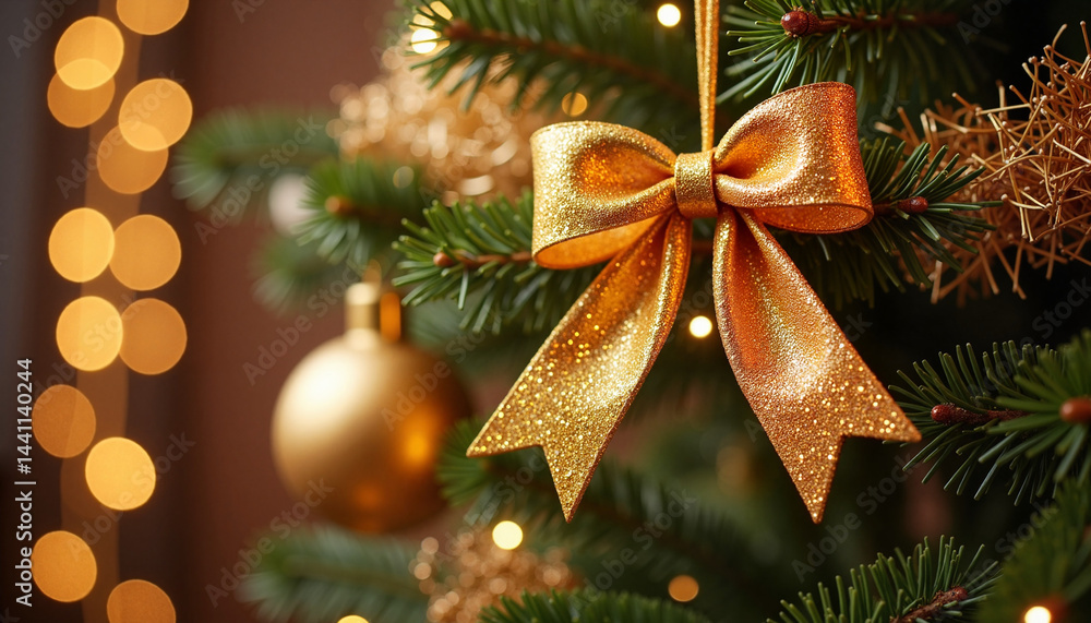 Christmas tree decoration with golden bow and ornaments, Golden Bow, Black Friday