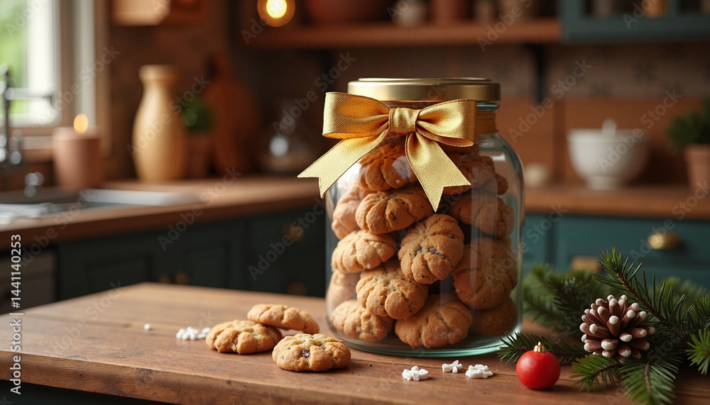 Cookies in a jar decorated with a golden bow on a kitchen counter, Golden Bow, Black Friday