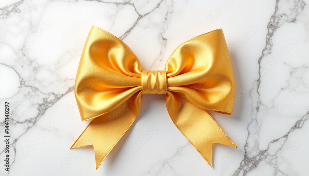 Elegant yellow satin bow on a marble background, Golden Bow, Black Friday