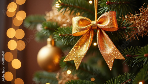 Obraz na płótnie Christmas tree decoration with golden bow and ornaments, Golden Bow, Black Friday w salonie