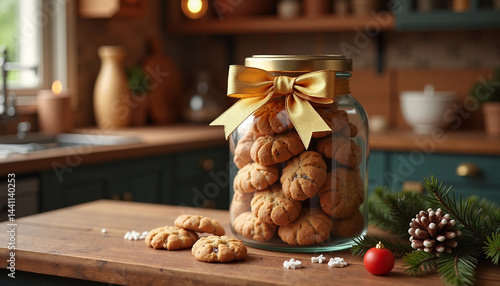 Obraz na płótnie Cookies in a jar decorated with a golden bow on a kitchen counter, Golden Bow, Black Friday w salonie