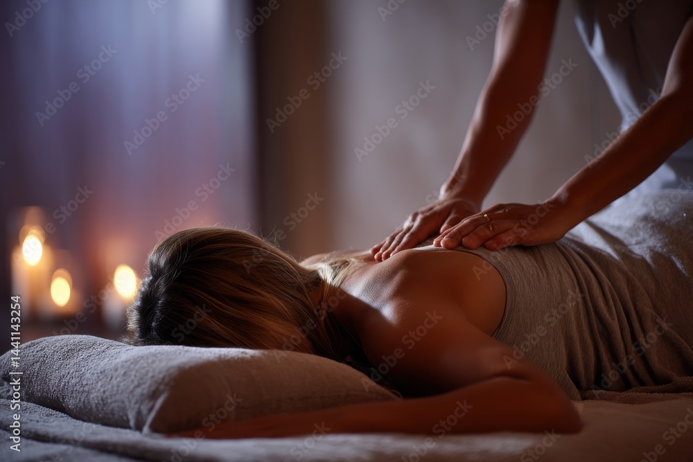Obraz premium A relaxing back massage in a spa setting, woman enjoying therapeutic treatment, soft lighting and a peaceful ambiance creating a serene atmosphere, promoting wellness and stress relief.
