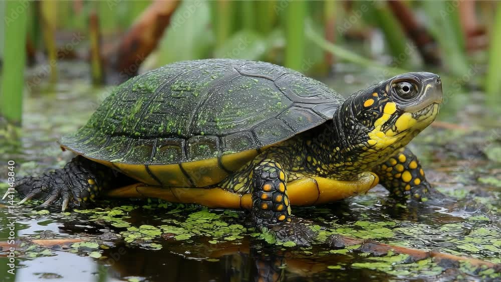 Yellow-bellied slider turtle basking by the water's edge amid lush green vegetation in a tranquil natural setting Yellow-bellied slider turtle basking by the water's edge amid lush green vegetation in a tranquil natural setting