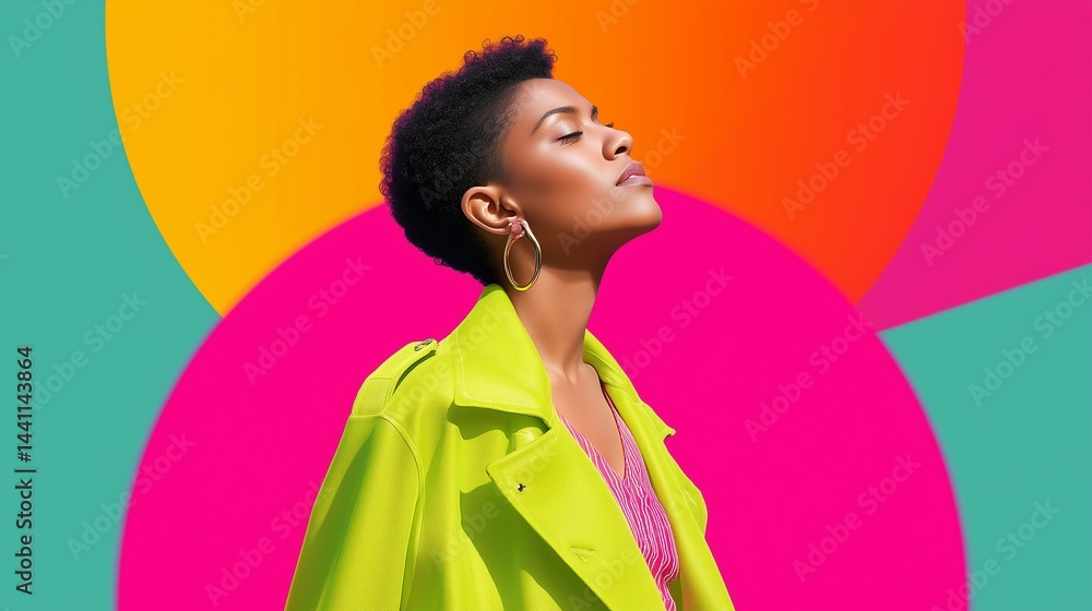 Portrait of a confident woman in a neon yellow jacket, colorful background, fashion