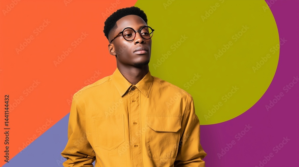Fashionable man in mustard shirt with glasses against colorful geometric background
