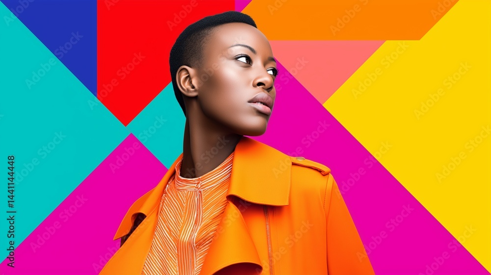 Fashionable woman in orange coat against vibrant geometric background