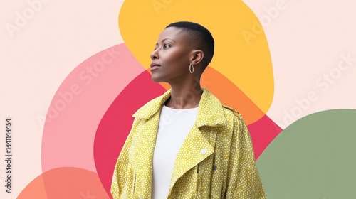 Obraz na płótnie Confident woman in yellow jacket with abstract colorful background w salonie
