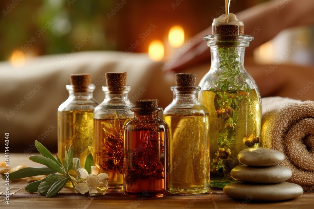 Aromatic oils in glass bottles displayed on bamboo mat for spa and massage treatment, wellness and relaxation concept, close-up shot of essential oils, massage stones, towel and candles. Aromatic oils in glass bottles displayed on bamboo mat for spa and massage treatment, wellness and relaxation concept, close-up shot of essential oils, massage stones, towel and candles.