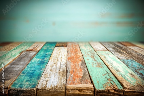 A rustic wooden table with vibrant colored planks in a vintage style setting  creating a beautiful and eye-catching background for product showcase or design projects.