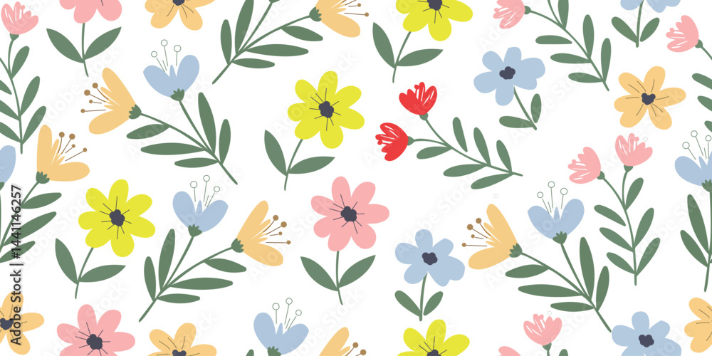 Fototapeta premium Hand drawn floral seamless pattern vector with colorful blossoms and leafy branches for spring textile background designs
