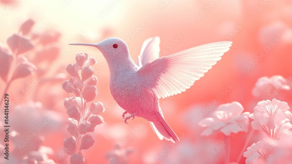 Obraz premium Delicate hummingbird in soft pink flowers. A serene and ethereal scene of a hummingbird, wings outstretched, amidst a field of pastel pink flowers bathed in soft sunlight