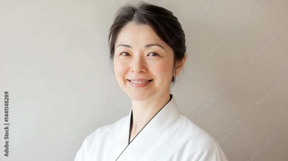 Portrait of a middle-aged Asian woman smiling gently in natural light indoors neutral wall Portrait of a middle-aged Asian woman smiling gently in natural light indoors neutral wall