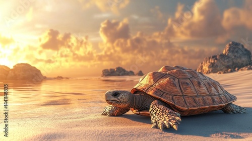 Turtle on beach at sunset