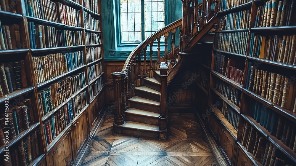 Fototapeta premium A spiral staircase winding through a grand library filled with antique books