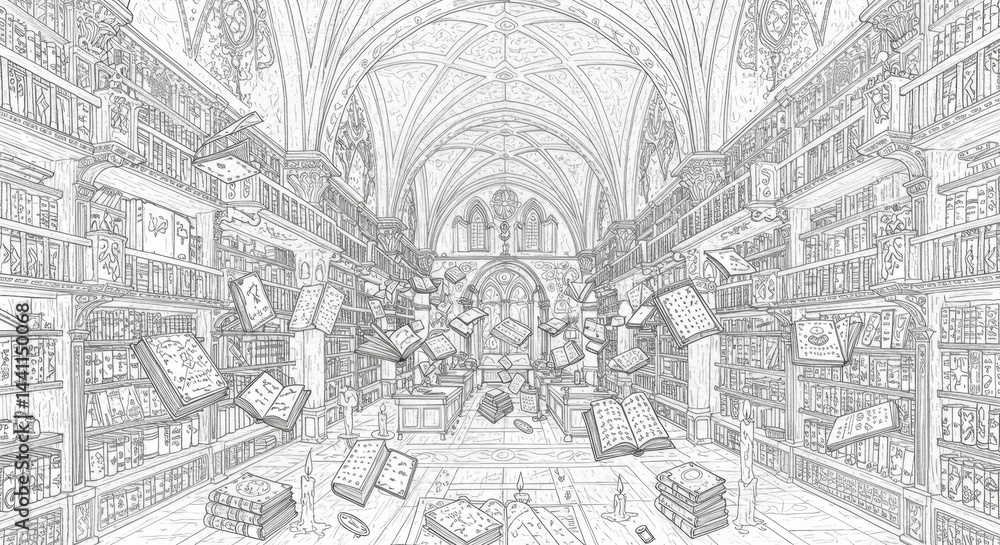 Obraz premium Ancient Magical Library with Floating Books