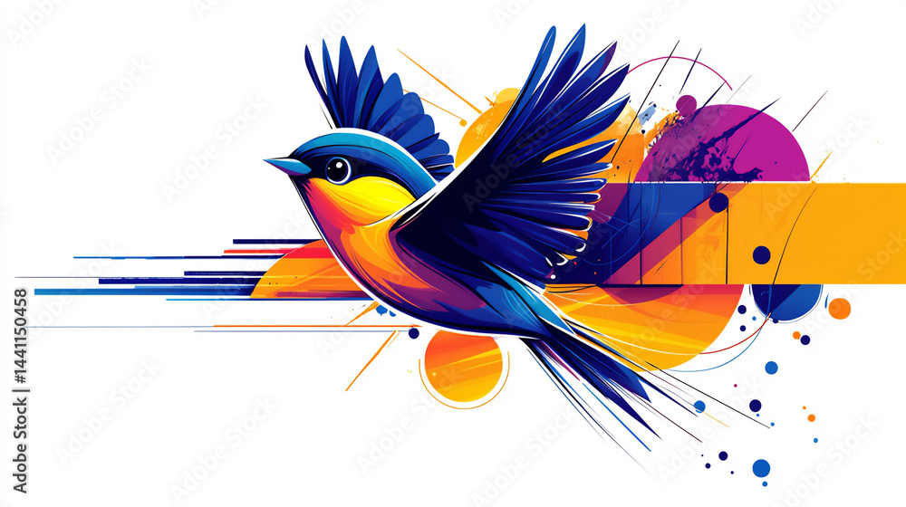 Obraz premium flat illustration of a playful cartoon bird flying, simple shapes, cheerful colors, animal, avian