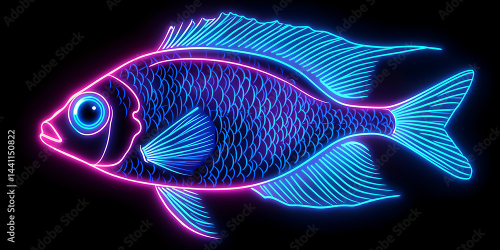 Naklejka premium neon outline of a tropical fish, bright turquoise on a black background, vibrant and marine