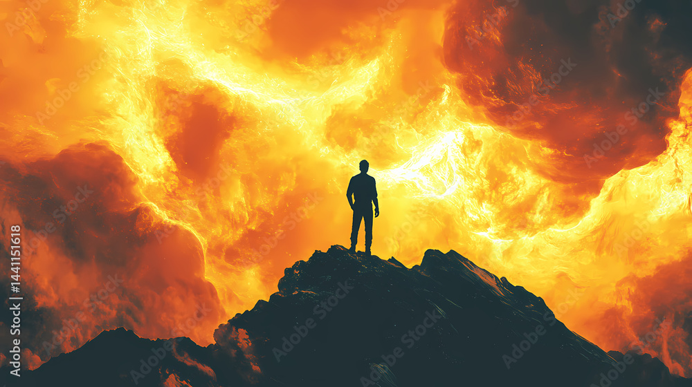 Man standing mountain looking distant planet fractal fire background dream world scene galaxy inside wanderer nebula portrait dreamer header. Flame Dreamer. Illustration Man standing mountain looking distant planet fractal fire background dream world scene galaxy inside wanderer nebula portrait dreamer header. Flame Dreamer. Illustration