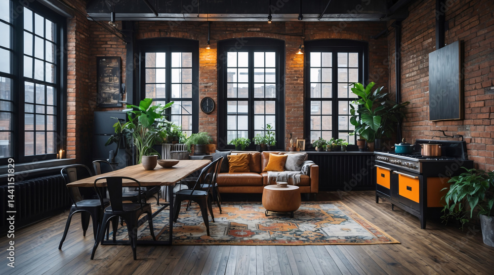 Fototapeta premium open plan industrial living room and kitchen with exposed brick wall wide window apartment view wooden furniture contemporary space premium stock photo interior design decoration