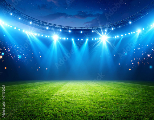 beautiful sports stadium shines with blue spotlights at night with stars. Sports tournament, world championship. Sports betting card. Free space for design and text