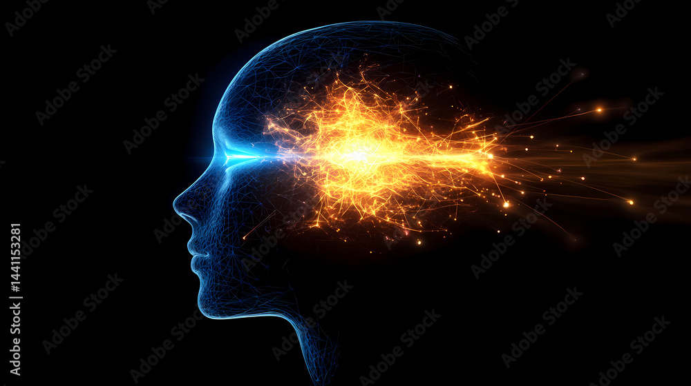 Advanced technology visual, side view of a humanoid head, eyes in blue and yellow, glowing neon neural connections. Neural Reactor. Illustration Advanced technology visual, side view of a humanoid head, eyes in blue and yellow, glowing neon neural connections. Neural Reactor. Illustration