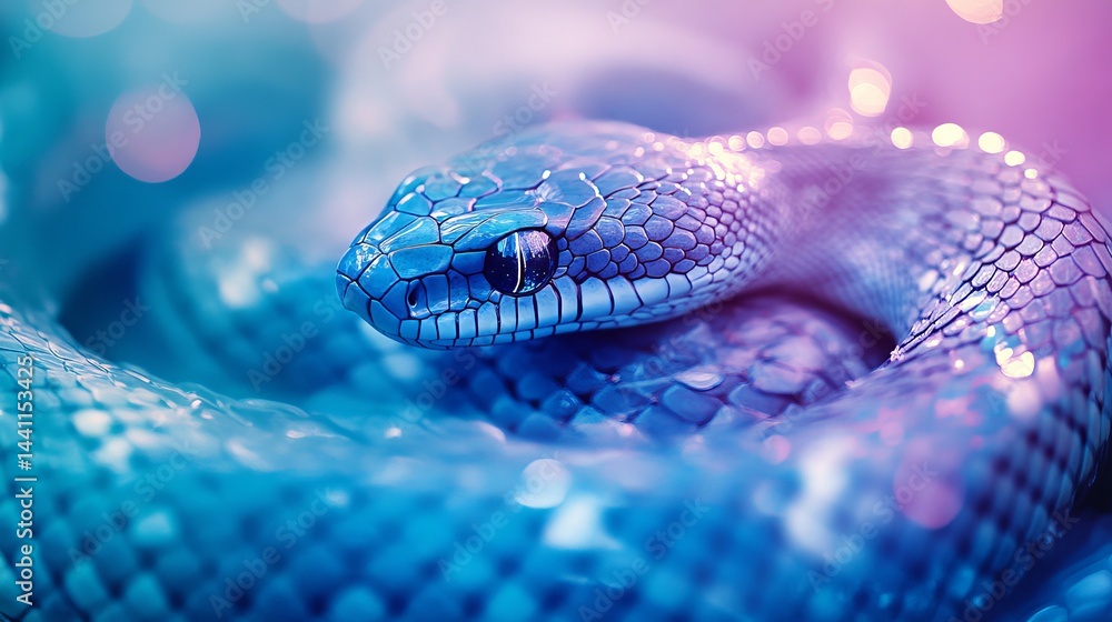 Fototapeta premium Stunning Blue Snake Closeup Vibrant Scales Reptile Wildlife Nature Photography Exotic Animal Blue Scales Detailed Texture Serpentine Beauty Wild Animal Portrait Close Up Detailed Image High Resolution