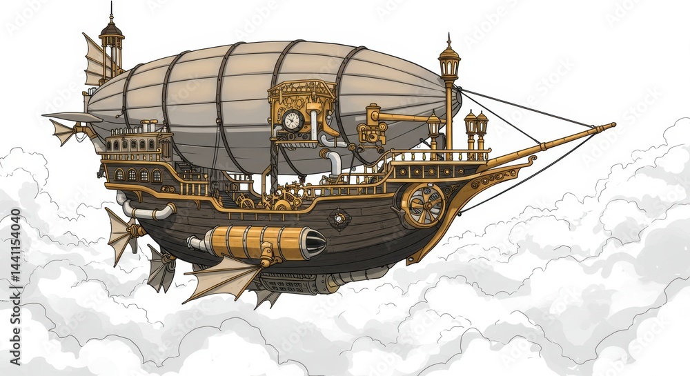 Naklejka premium Steampunk Airship Above Clouds