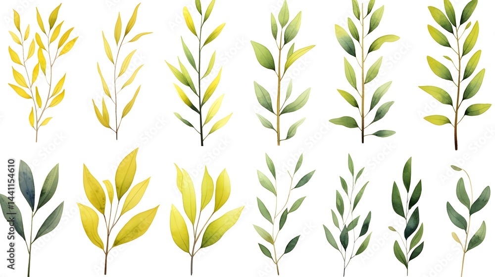 Lush Green and Yellow Branches and Leaves Set for Nature Backgrounds and Botanical Designs Lush Green and Yellow Branches and Leaves Set for Nature Backgrounds and Botanical Designs