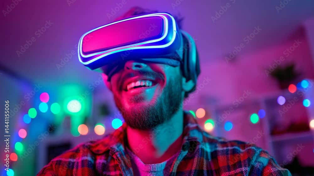 Man enjoys virtual reality gaming in a colorful room filled with fairy lights during the evening Man enjoys virtual reality gaming in a colorful room filled with fairy lights during the evening