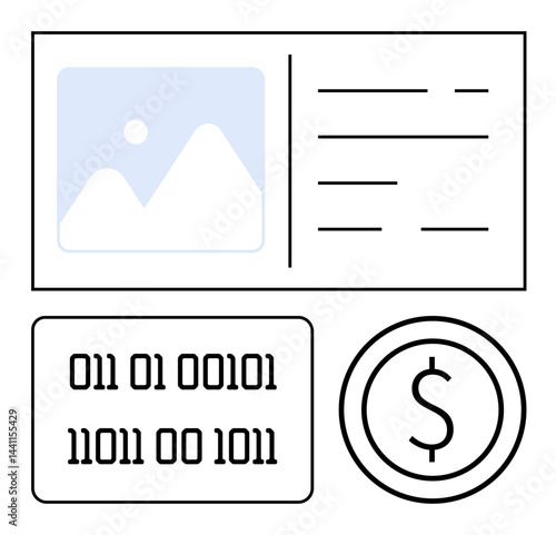 Abstract composition of binary code, a currency dollar symbol, and image and text placeholders. Ideal for finance, technology, digital currency, web design, data security, fintech simple landing