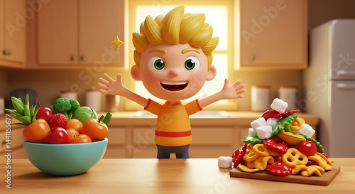 Happy Boy Choosing Between Healthy and Unhealthy Snacks