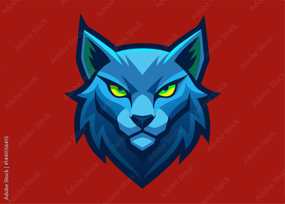 Obraz premium Azure Predator: A vivid illustration of a majestic cat head, rendered in shades of blue with piercing yellow eyes against a bold crimson backdrop. Evoking a sense of intensity and focus.