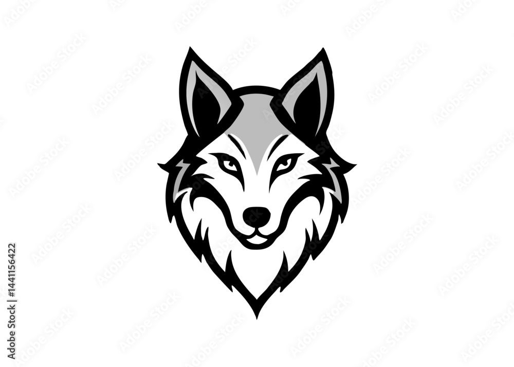 Naklejka premium Symbolic Wolf Portrait: A striking close-up portrait of a majestic wolf, rendered in a clean, minimalist style that captures the essence of the wild. This image embodies strength, intelligence.