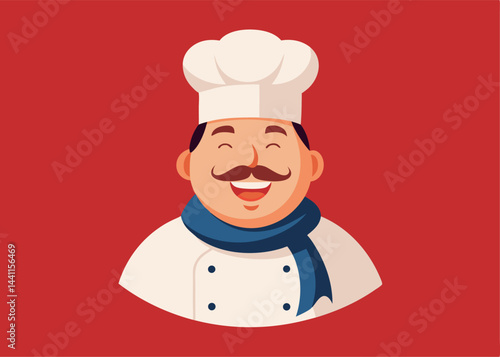 Cheerful Chef: A jovial chef, adorned in a pristine uniform and traditional toque, exudes warmth and expertise, a symbol of culinary excellence.