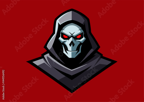Grim Reaper Emblem: The image features the emblematic Grim Reaper, with a skeletal face framed by a hooded cloak against a stark red backdrop.