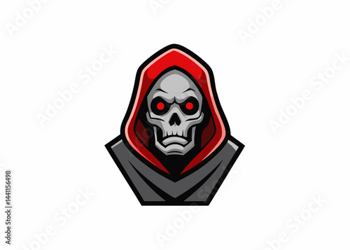 Grim Reaper Silhouette: A chilling silhouette of the Grim Reaper, hooded in a scarlet cloak, stares intensely with hollow, menacing eye sockets against a minimalist backdrop.
