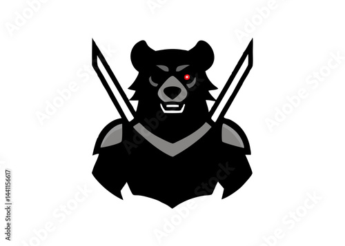 Bear Warrior Logo: A stylized logo of a fierce bear warrior stands resolute, brandishing crossed blades, showcasing strength, courage, and a fearless spirit.