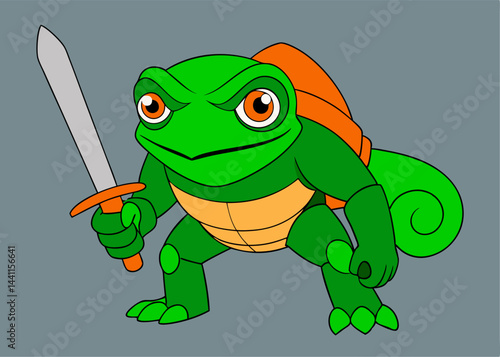 Animated Warrior Turtle: A determined cartoon turtle warrior stands ready, brandishing a sword with a determined expression. The illustration features vibrant colors and bold outlines.